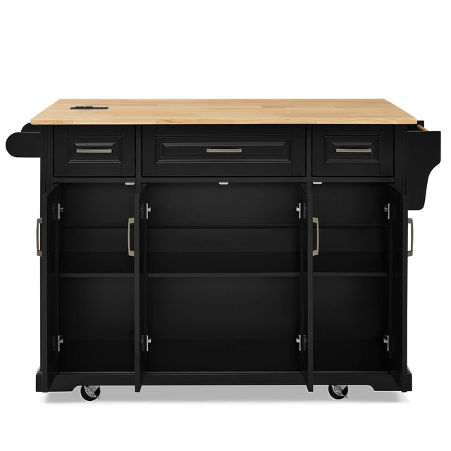Alt view image 6 of 7 - 47.2 Inch Kitchen Island with 3 Drawers, Drop Leaf and 4 Doors Rubberwood Top Side Rack Towel Bar Locking Wheels