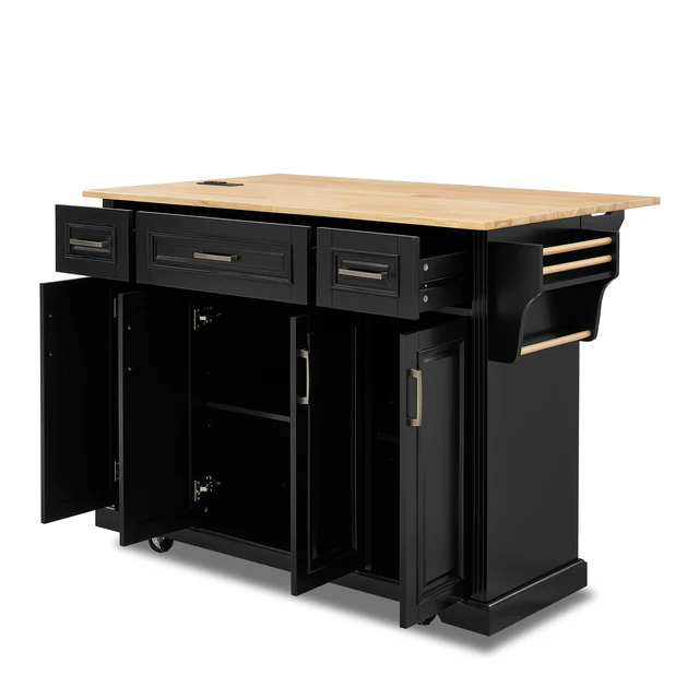 Alt view image 7 of 7 - 47.2 Inch Kitchen Island with 3 Drawers, Drop Leaf and 4 Doors Rubberwood Top Side Rack Towel Bar Locking Wheels