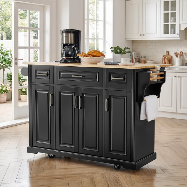 Main image of 47.2 Inch Kitchen Island with 3 Drawers, Drop Leaf and 4 Doors Rubberwood Top Side Rack Towel Bar Locking Wheels