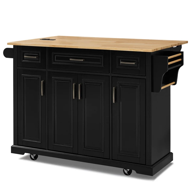 Alt view image 4 of 7 - 47.2 Inch Kitchen Island with 3 Drawers, Drop Leaf and 4 Doors Rubberwood Top Side Rack Towel Bar Locking Wheels