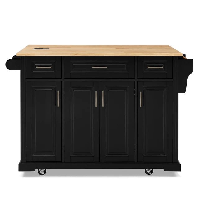 Alt view image 5 of 7 - 47.2 Inch Kitchen Island with 3 Drawers, Drop Leaf and 4 Doors Rubberwood Top Side Rack Towel Bar Locking Wheels