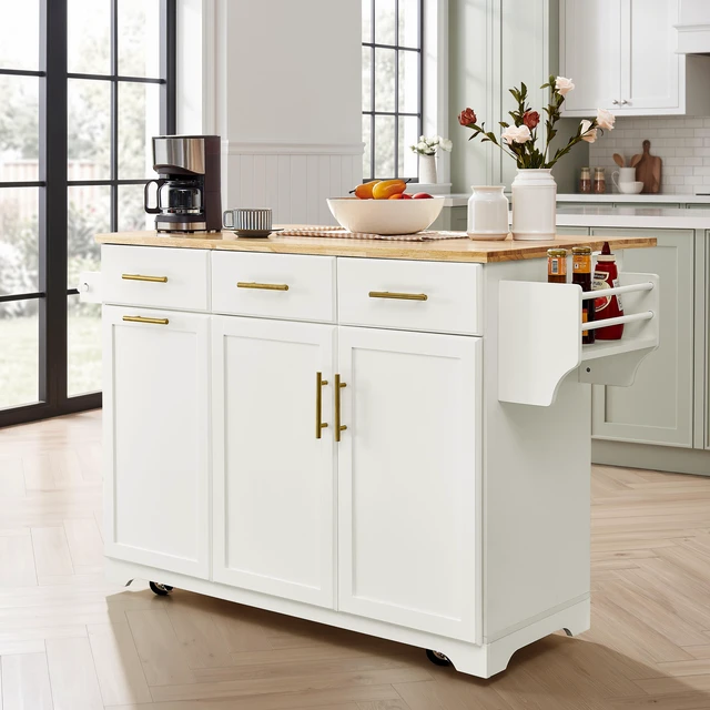 Main image of 47.2 Inch Kitchen Island with Storage Pull Out Cabinet Organizers and Rubber Drop Leaf, Rolling Kitchen Island