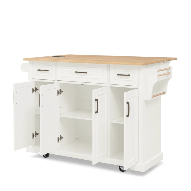 Alt view image 6 of 7 - 47.2 Inch Kitchen Island with 3 Drawers, Drop Leaf and 4 Doors Rubberwood Top Side Rack Towel Bar Locking Wheels