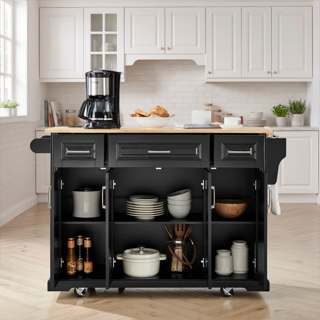 Alt view image 2 of 7 - 47.2 Inch Kitchen Island with 3 Drawers, Drop Leaf and 4 Doors Rubberwood Top Side Rack Towel Bar Locking Wheels