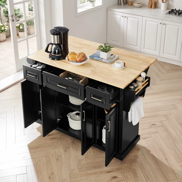 Alt view image 3 of 7 - 47.2 Inch Kitchen Island with 3 Drawers, Drop Leaf and 4 Doors Rubberwood Top Side Rack Towel Bar Locking Wheels