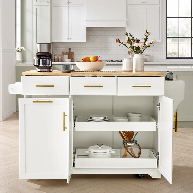 Alt view image 2 of 7 - 47.2 Inch Kitchen Island with Storage Pull Out Cabinet Organizers and Rubber Drop Leaf, Rolling Kitchen Island