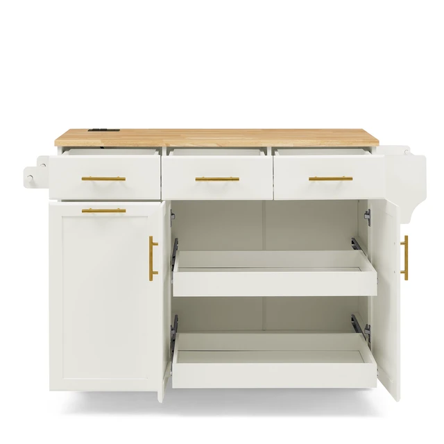 Alt view image 6 of 7 - 47.2 Inch Kitchen Island with Storage Pull Out Cabinet Organizers and Rubber Drop Leaf, Rolling Kitchen Island