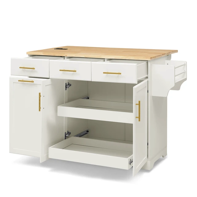 Alt view image 7 of 7 - 47.2 Inch Kitchen Island with Storage Pull Out Cabinet Organizers and Rubber Drop Leaf, Rolling Kitchen Island
