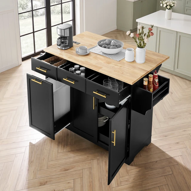 Alt view image 2 of 7 - 47.2 Inch Kitchen Island with Storage Pull Out Cabinet Organizers and Rubber Drop Leaf, Rolling Kitchen Island