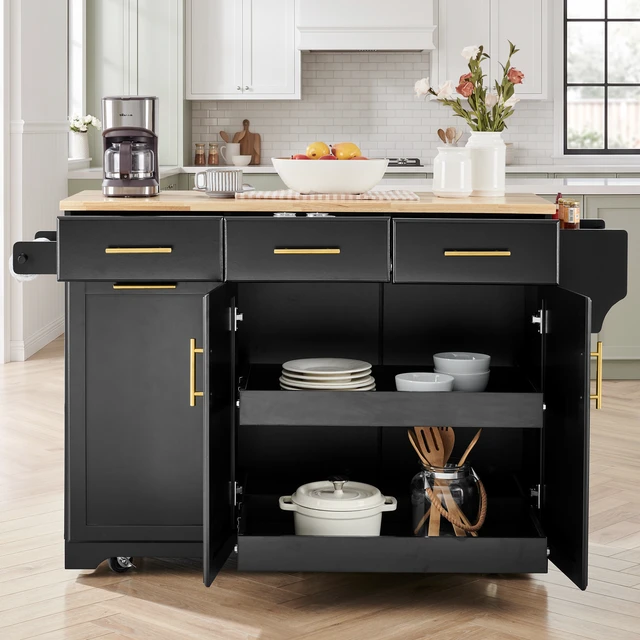 Alt view image 3 of 7 - 47.2 Inch Kitchen Island with Storage Pull Out Cabinet Organizers and Rubber Drop Leaf, Rolling Kitchen Island