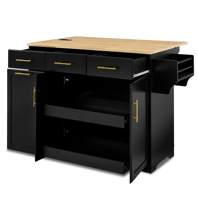 Alt view image 6 of 7 - 47.2 Inch Kitchen Island with Storage Pull Out Cabinet Organizers and Rubber Drop Leaf, Rolling Kitchen Island