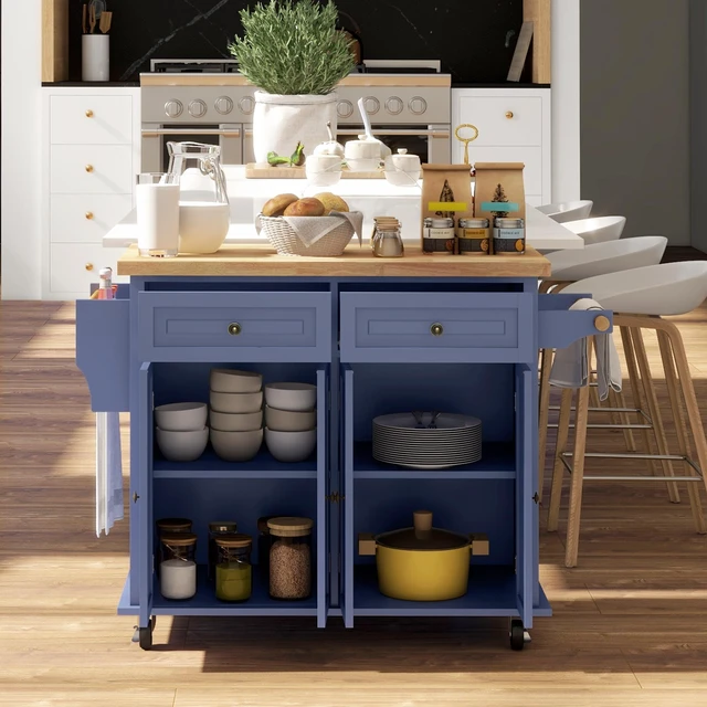 Alt view image 2 of 7 - Kitchen Island Cart with Solid Wood Top, 44 Inch Mobile Kitchen Island Table Wheels with Storage Cabinets 2 Drawers