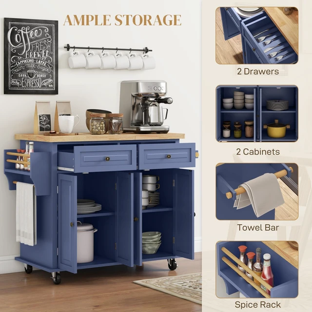 Alt view image 4 of 7 - Kitchen Island Cart with Solid Wood Top, 44 Inch Mobile Kitchen Island Table Wheels with Storage Cabinets 2 Drawers
