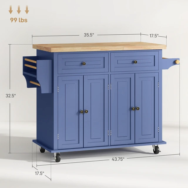 Alt view image 7 of 7 - Kitchen Island Cart with Solid Wood Top, 44 Inch Mobile Kitchen Island Table Wheels with Storage Cabinets 2 Drawers