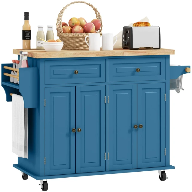 Main image of Kitchen Island Cart with Solid Wood Top, 44 Inch Mobile Kitchen Island Table Wheels with Storage Cabinets 2 Drawers