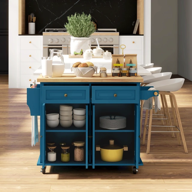 Alt view image 2 of 7 - Kitchen Island Cart with Solid Wood Top, 44 Inch Mobile Kitchen Island Table Wheels with Storage Cabinets 2 Drawers