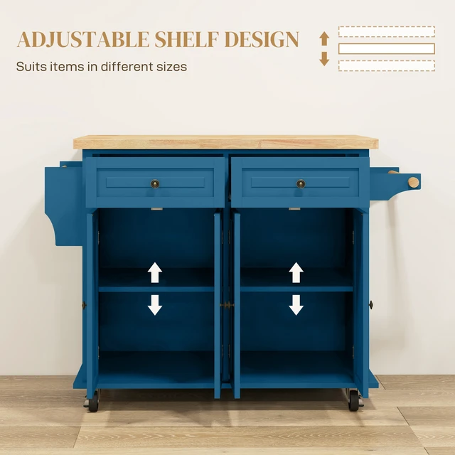 Alt view image 5 of 7 - Kitchen Island Cart with Solid Wood Top, 44 Inch Mobile Kitchen Island Table Wheels with Storage Cabinets 2 Drawers