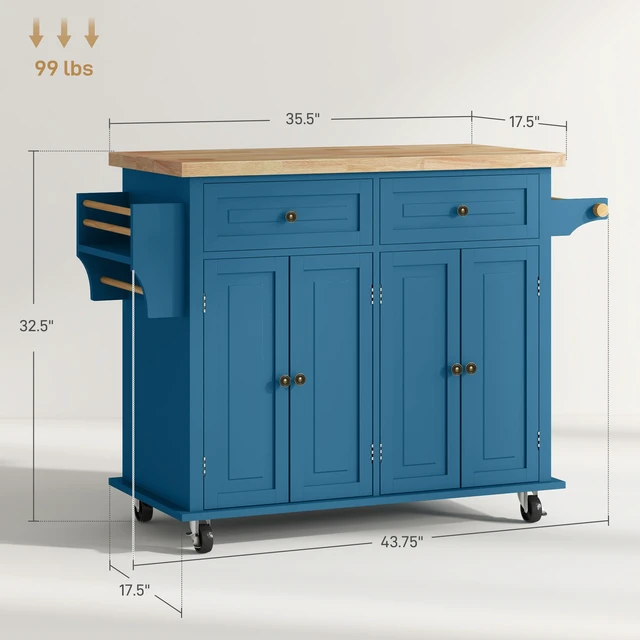 Alt view image 7 of 7 - Kitchen Island Cart with Solid Wood Top, 44 Inch Mobile Kitchen Island Table Wheels with Storage Cabinets 2 Drawers