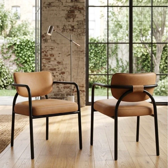 Main image of Dining Chair with Upholstered Seat and Back, Iron Frame Armrests Kitchen and Dining Chair Cognac, Cognac, Iron