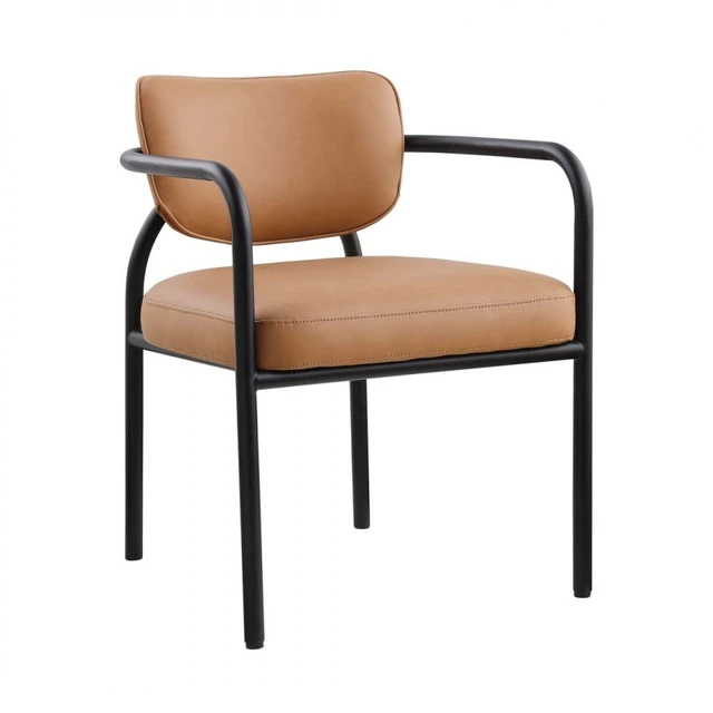 Alt view image 4 of 7 - Dining Chair with Upholstered Seat and Back, Iron Frame Armrests Kitchen and Dining Chair Cognac, Cognac, Iron