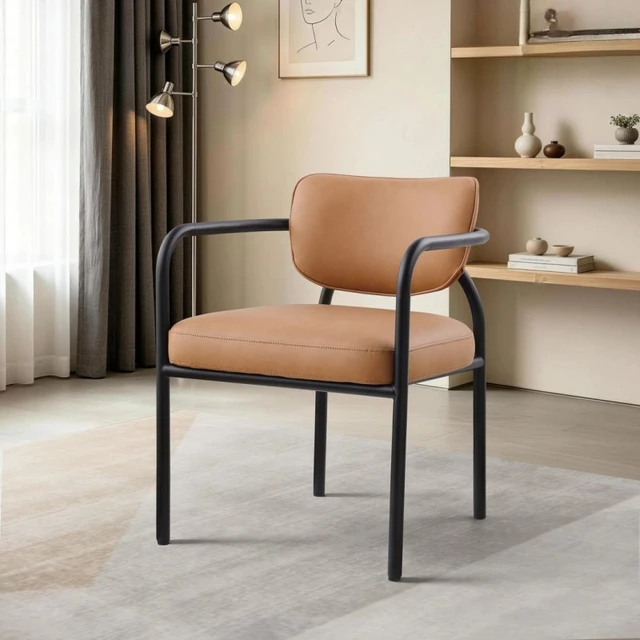 Alt view image 2 of 7 - Dining Chair with Upholstered Seat and Back, Iron Frame Armrests Kitchen and Dining Chair Cognac, Cognac, Iron