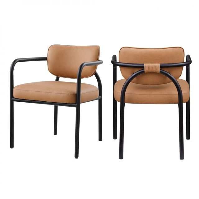 Alt view image 3 of 7 - Dining Chair with Upholstered Seat and Back, Iron Frame Armrests Kitchen and Dining Chair Cognac, Cognac, Iron