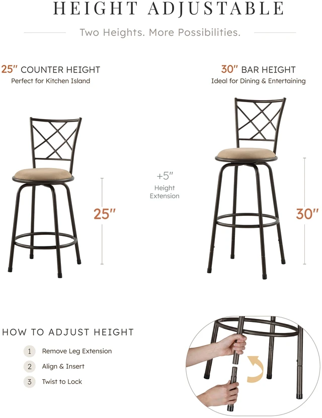 Alt view image 7 of 7 - Set Convertible Chairs Swivel Counter Height, Pub Height Bar Stools Rotating Seats Iron Frame Dining Furniture, Dark