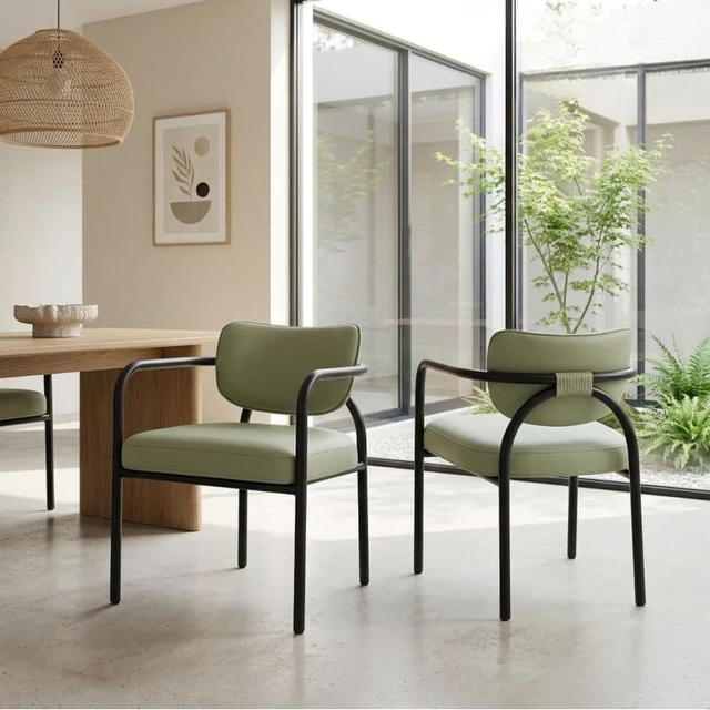 Main image of Dining Chair with Upholstered Seat and Back, Iron Frame Armrests Kitchen and Dining Chair Sage, Sage, Iron