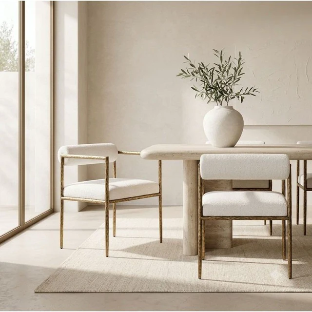Main image of Glam Dining Chair Set with Upholstered Seat and Back, Textured Gold Finish Iron Frame Armrests Kitchen and Dining