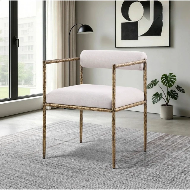 Alt view image 2 of 7 - Glam Dining Chair Set with Upholstered Seat and Back, Textured Gold Finish Iron Frame Armrests Kitchen and Dining Chair