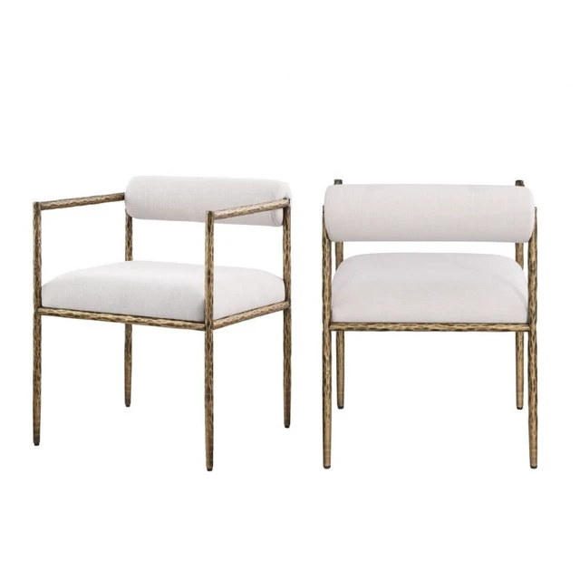 Alt view image 3 of 7 - Glam Dining Chair Set with Upholstered Seat and Back, Textured Gold Finish Iron Frame Armrests Kitchen and Dining Chair