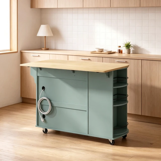 Alt view image 3 of 7 - Mobile Kitchen Island Cart Built in Power Outlet, Foldable Drop Leaf Rolling Wheels and 360° Rotating Storage Rack