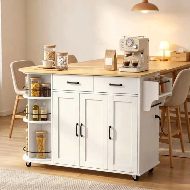 Alt view image 6 of 7 - Mobile Kitchen Island Cart Built in Power Outlet, Foldable Drop Leaf Rolling Wheels and 360° Rotating Storage Rack