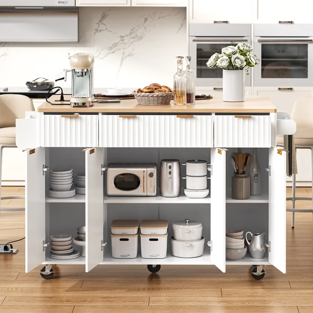 Alt view image 3 of 7 - Fluted Kitchen Island with Storage, 55.5 Inch Kitchen Island with Drop Leaf Power Outlet 4 Doors and 3 Drawers Rolling