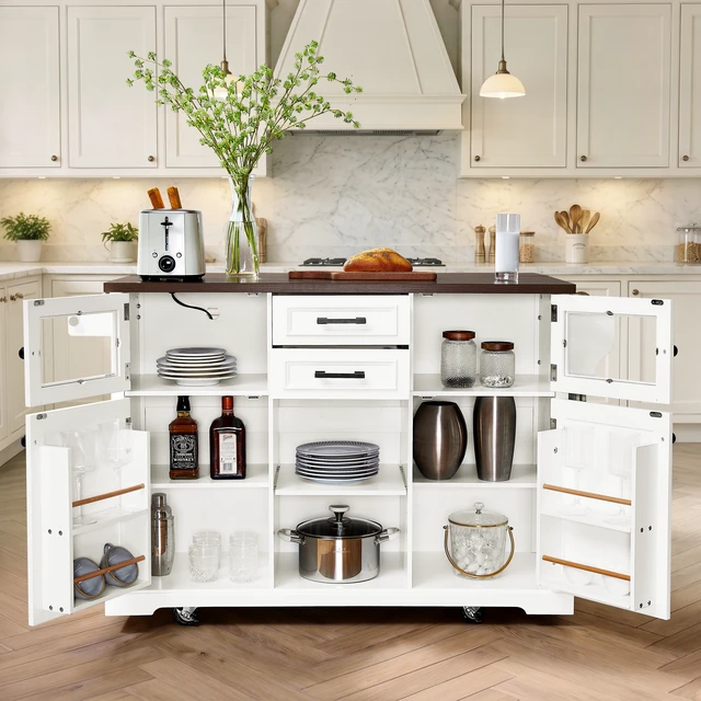 Alt view image 2 of 7 - 47.2 Inch Kitchen Island with Drop Leaf, Power Outlet Rolling Kitchen Storage Cart 4 Wheels with 4 Door Shelves Cross