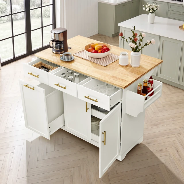 Alt view image 3 of 7 - 47.2 Inch Kitchen Island with Storage Pull Out Cabinet Organizers and Rubber Drop Leaf, Rolling Kitchen Island