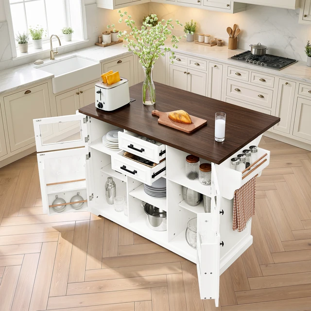 Alt view image 3 of 7 - 47.2 Inch Kitchen Island with Drop Leaf, Power Outlet Rolling Kitchen Storage Cart 4 Wheels with 4 Door Shelves Cross