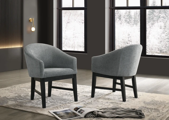 Main image of Set Gray Fabric Barrel Dining Chair with Black Finish Legs, Wood and Fabric, Seating for Dining