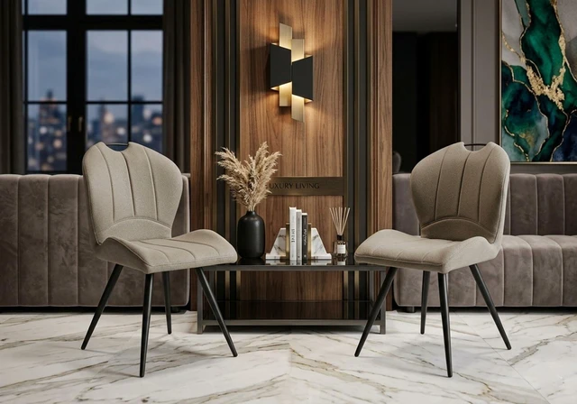 Main image of Sculptural Dining Leatherette Chair Set 2 in Color, Beige Black, Faux Leather, Seating for Dining