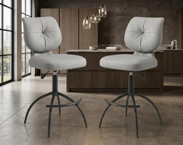 Alt view image 2 of 5 - 2 Piece Adjustable Faux Leather Bar Stool Set with Swivel Base, Gray, Seating for Dining