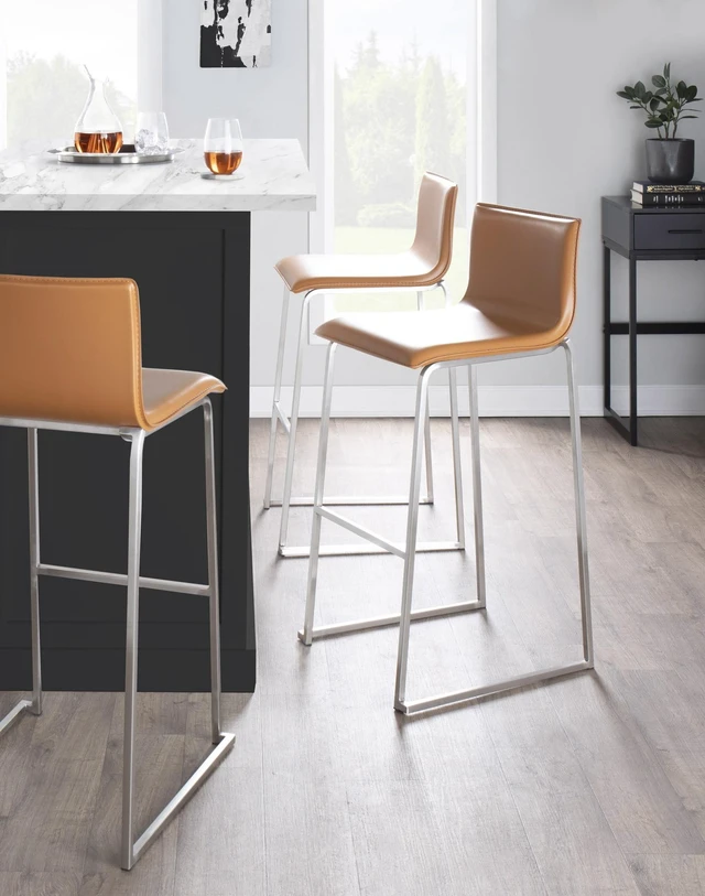 Alt view image 3 of 7 - Barstool in Stainless Steel and Faux Leather Set, Camel, Seating for Dining