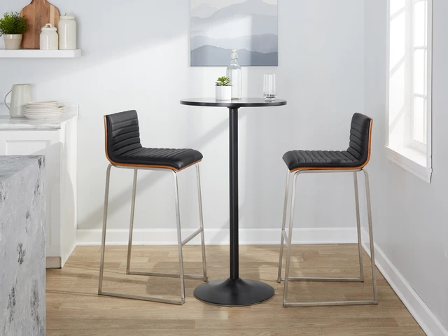 Main image of 30 Inch Fixed Height Barstool in Stainless Steel, Faux Leather Set, Black, Faux Leather, Seating for Dining