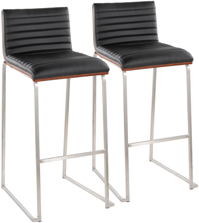 Alt view image 2 of 7 - 30 Inch Fixed Height Barstool in Stainless Steel, Faux Leather Set, Black, Faux Leather, Seating for Dining