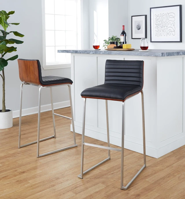 Alt view image 3 of 7 - 30 Inch Fixed Height Barstool in Stainless Steel, Faux Leather Set, Black, Faux Leather, Seating for Dining