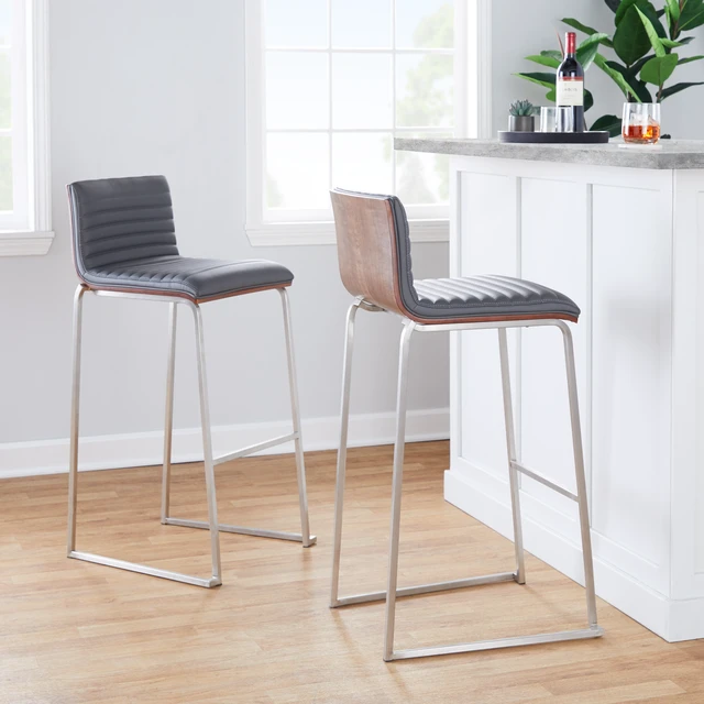 Alt view image 2 of 7 - 30 Inch Fixed Height Barstool in Stainless Steel, Faux Leather Set, Grey, Faux Leather, Seating for Dining