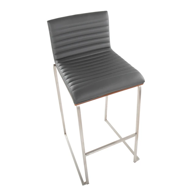 Alt view image 7 of 7 - 30 Inch Fixed Height Barstool in Stainless Steel, Faux Leather Set, Grey, Faux Leather, Seating for Dining
