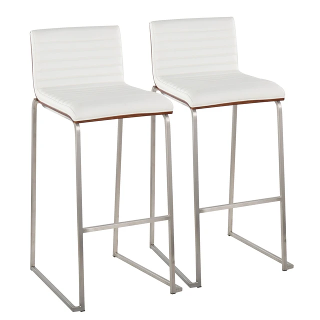 Alt view image 3 of 7 - 30 Inch Fixed Height Barstool in Stainless Steel, Faux Leather Set, White, Faux Leather, Seating for Dining