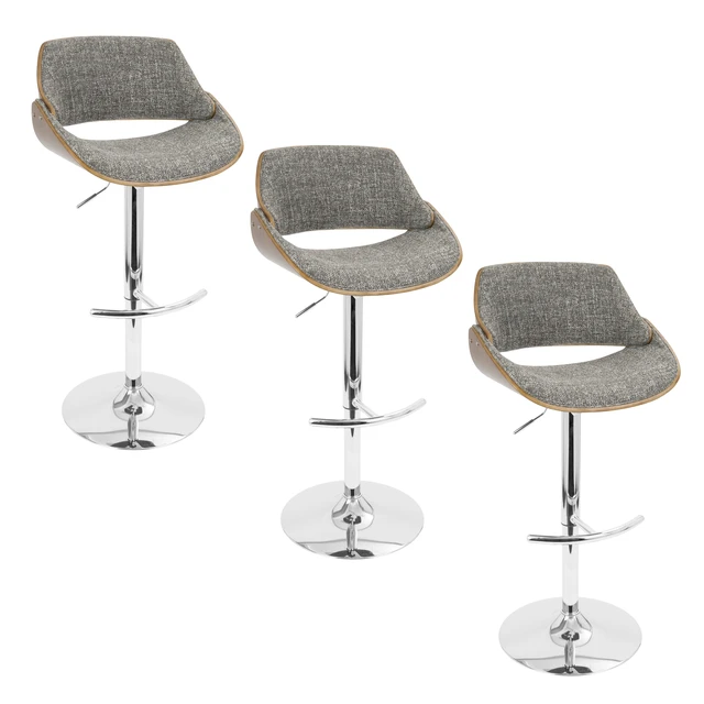 Main image of Mid-Century Adjustable Barstool with Swivel in Chrome Metal, Noise Fabric with Rounded Footrest Set, Grey, Fabric