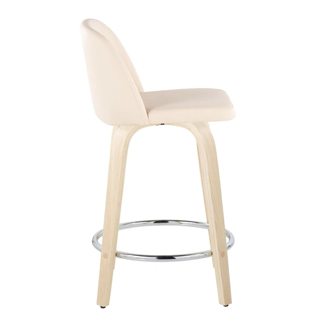 Alt view image 3 of 5 - 24 Inch Fixed Height Counter Stool with Swivel in and Faux Leather with Round Chrome Metal Footrest Set, Cream, Seating
