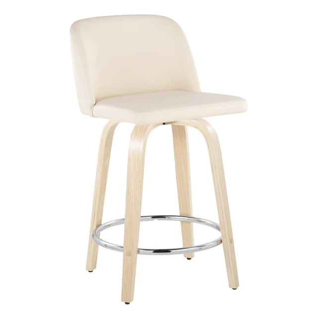 Alt view image 2 of 5 - 24 Inch Fixed Height Counter Stool with Swivel in and Faux Leather with Round Chrome Metal Footrest Set, Cream, Seating